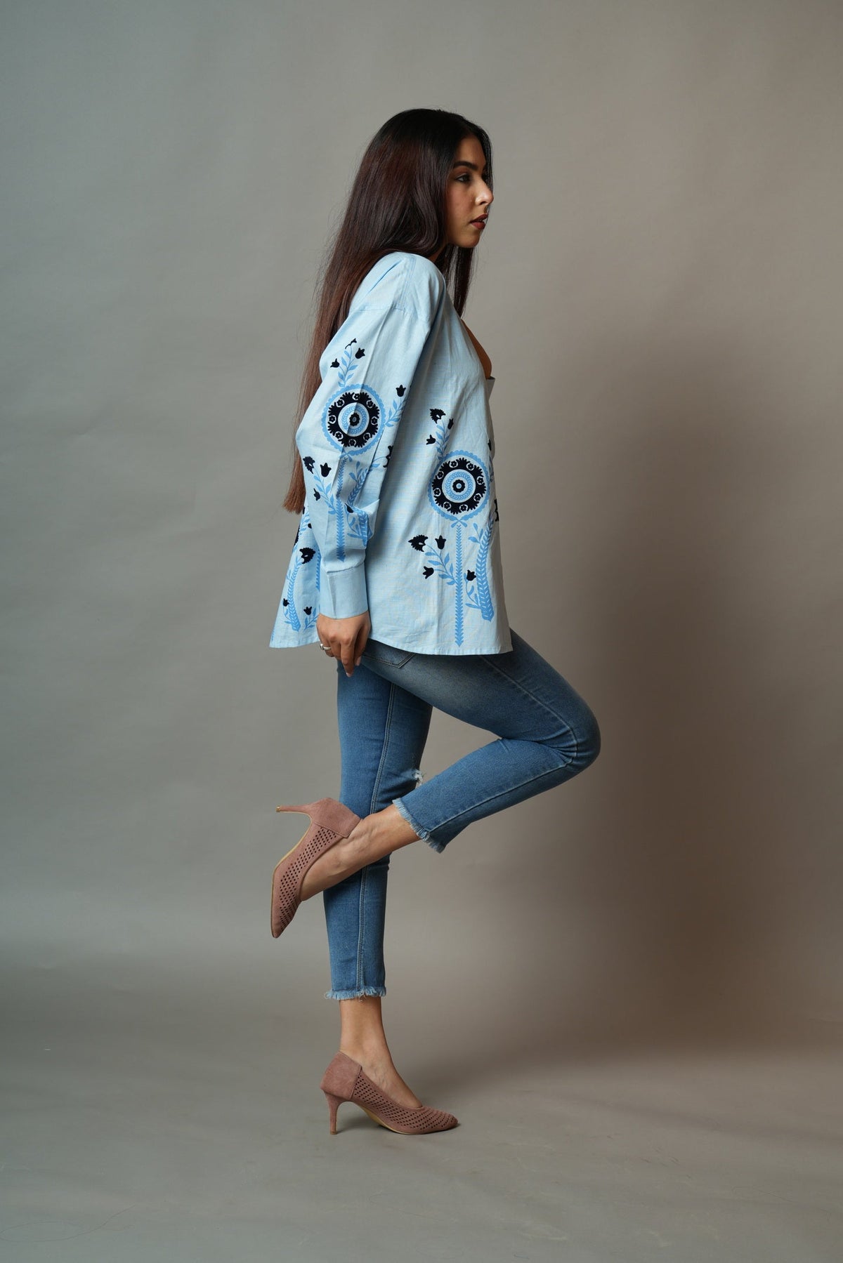 Blue Flocked Oversized Shirt