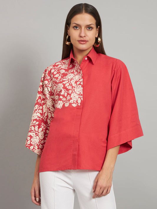 Red Hand Embellished Shirt With Baggy Sleeve