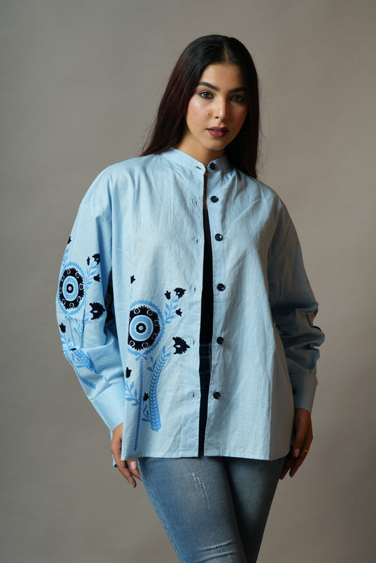 Blue Flocked Oversized Shirt