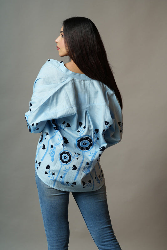 Blue Flocked Oversized Shirt
