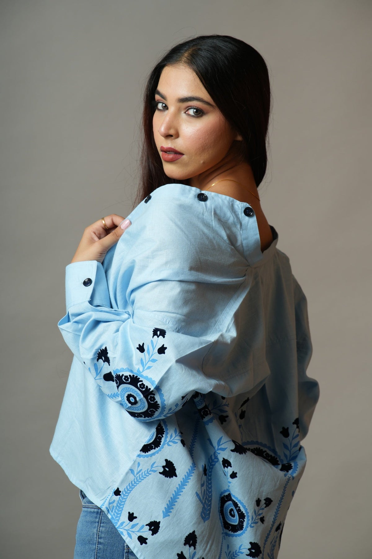 Blue Flocked Oversized Shirt