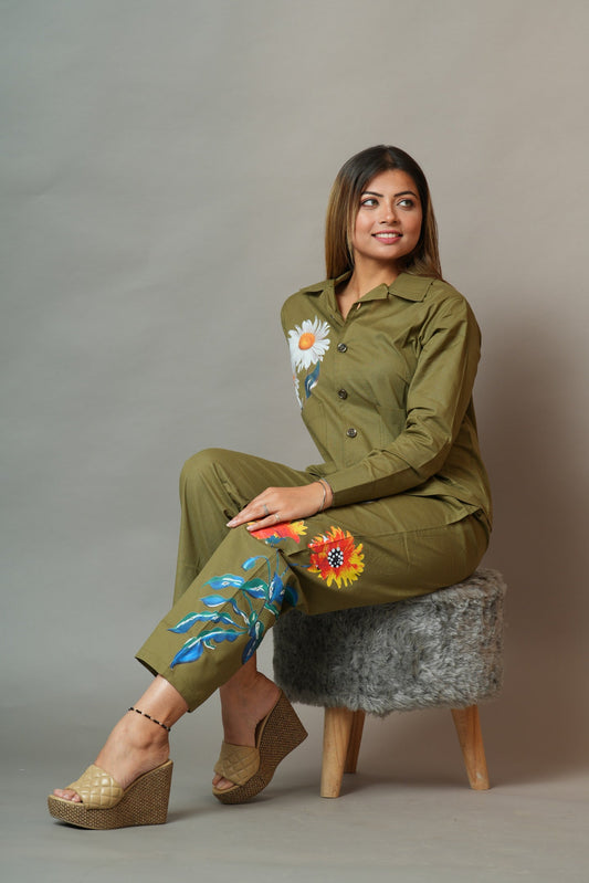 Olive Floral Detailed Co-ord Set