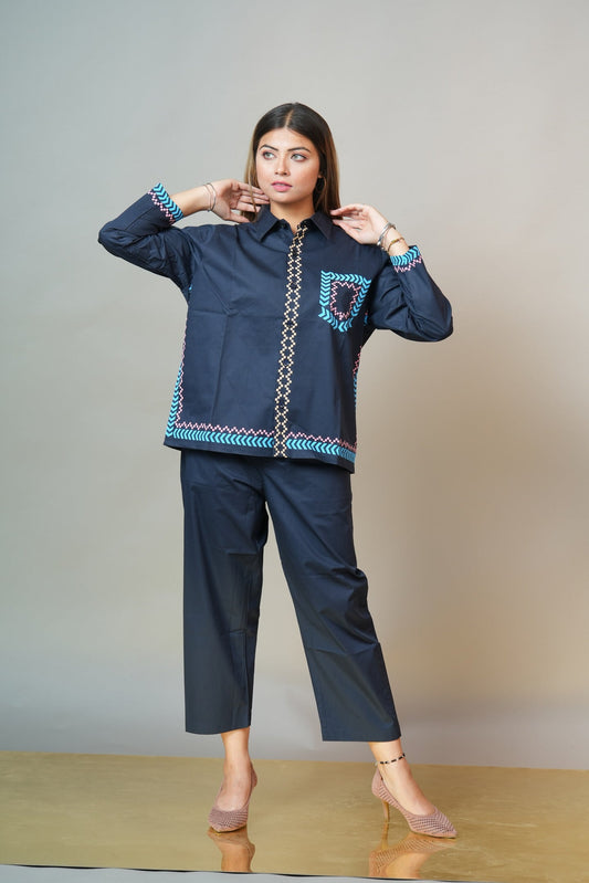 Navy hand printed detailed shirt with pants