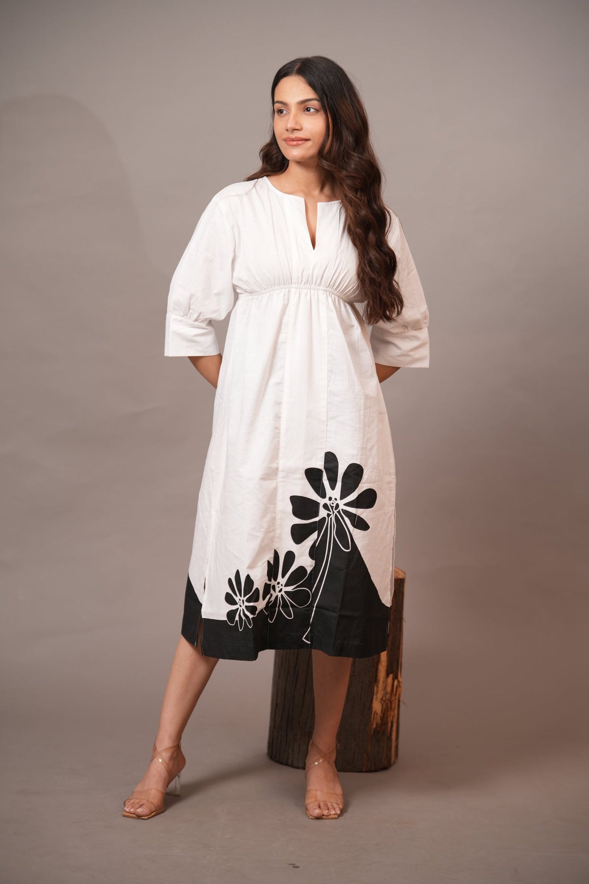 Monochrome Bloom Cotton Midi Dress