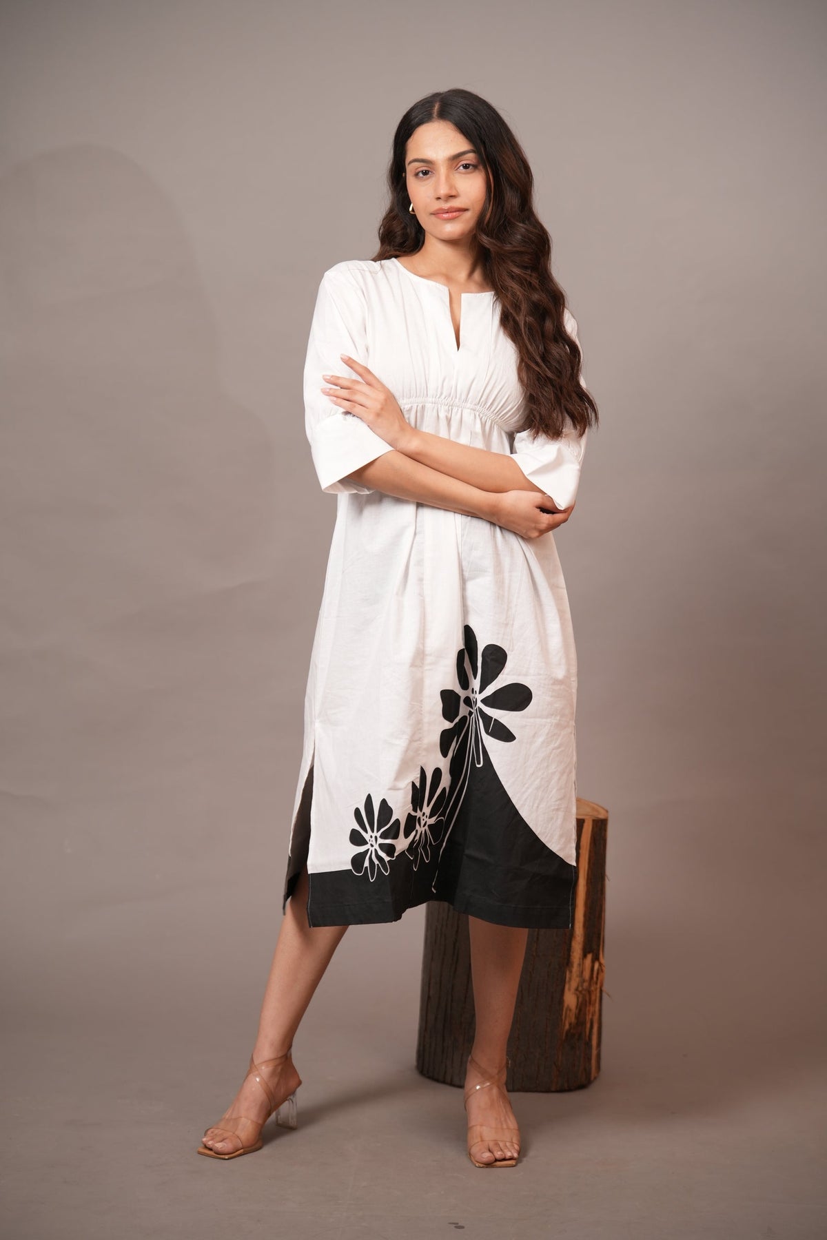 Monochrome Bloom Cotton Midi Dress