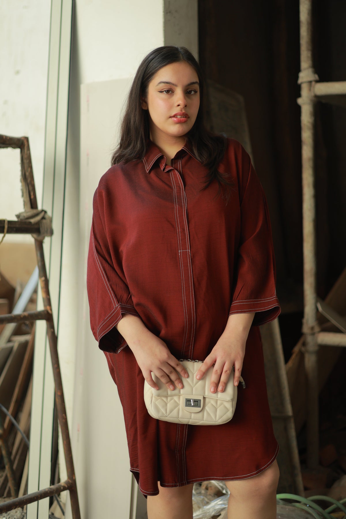 Wine Red Relaxed Shirt Dress with Contrast Stitch Detailing