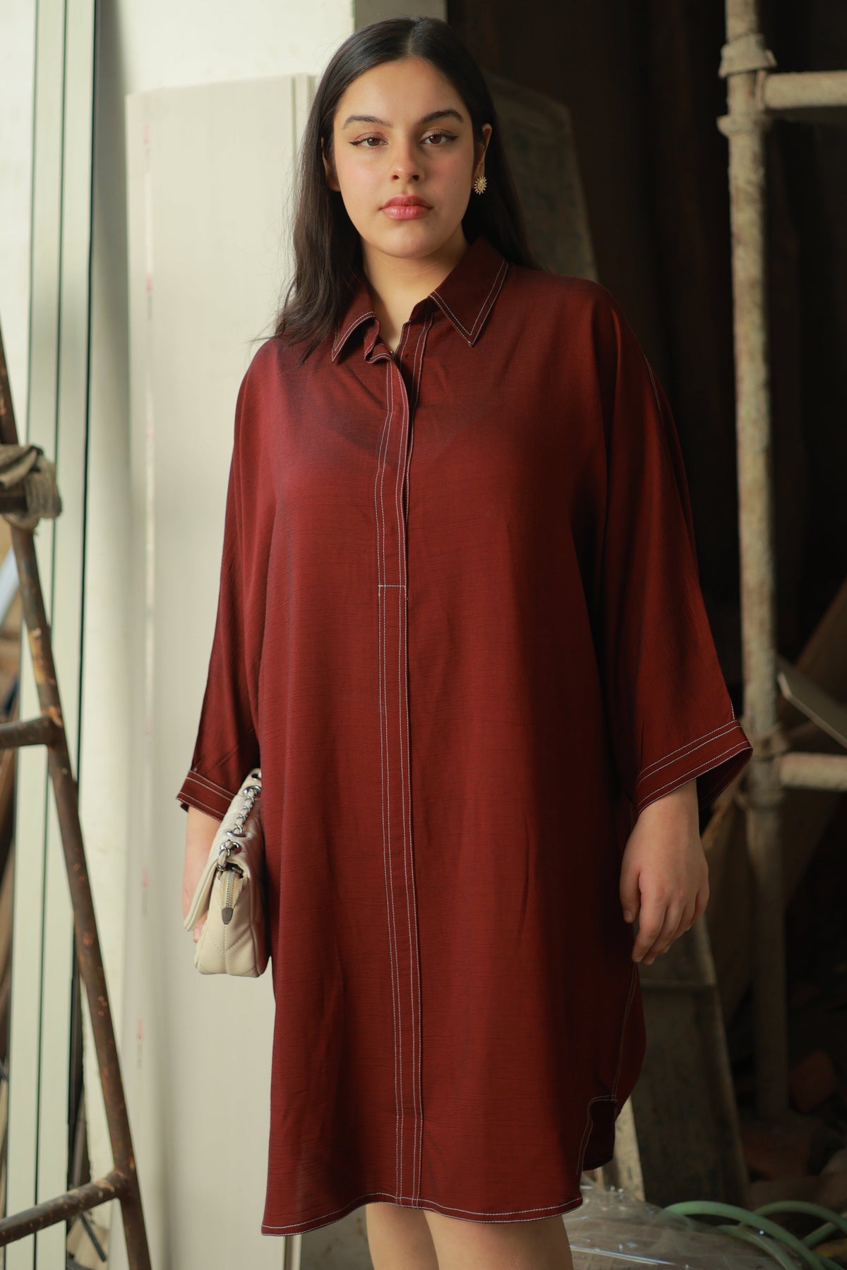 Wine Red Relaxed Shirt Dress with Contrast Stitch Detailing